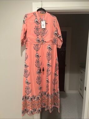 Oliphant Coral Maxi Dress with Green and Metallic Floral Motif